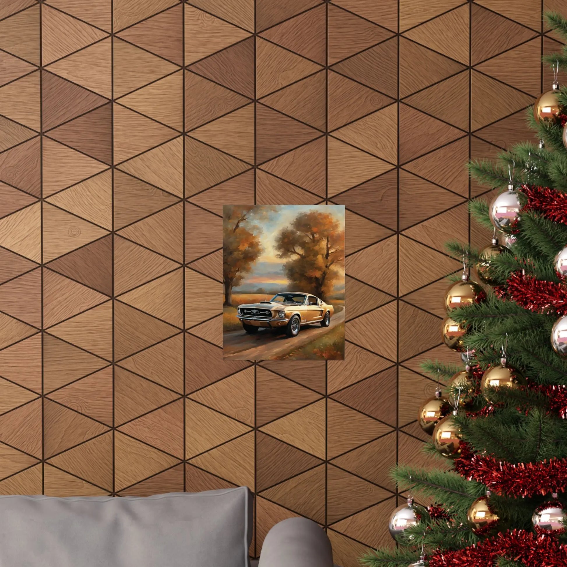Vintage muscle car poster displayed on a textured wood wall with a Christmas tree in the foreground