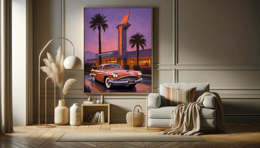 Neon hotel entrance artwork featuring a retro car and palm trees in vibrant colors hanging in modern living room