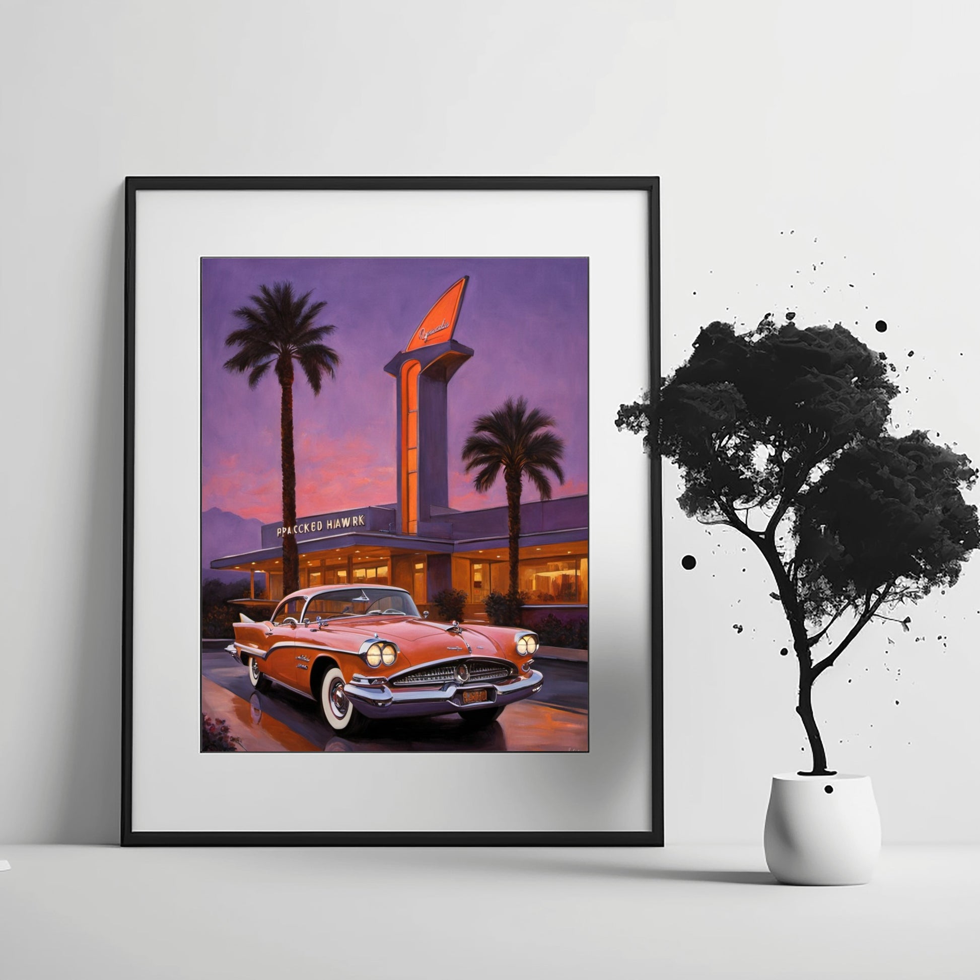 Framed digital neon hotel entrance artwork featuring a vintage car and palm trees at dusk