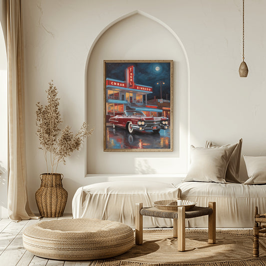 Cozy neutral living room featuring neon night diner artwork by AquilVision above the sofa