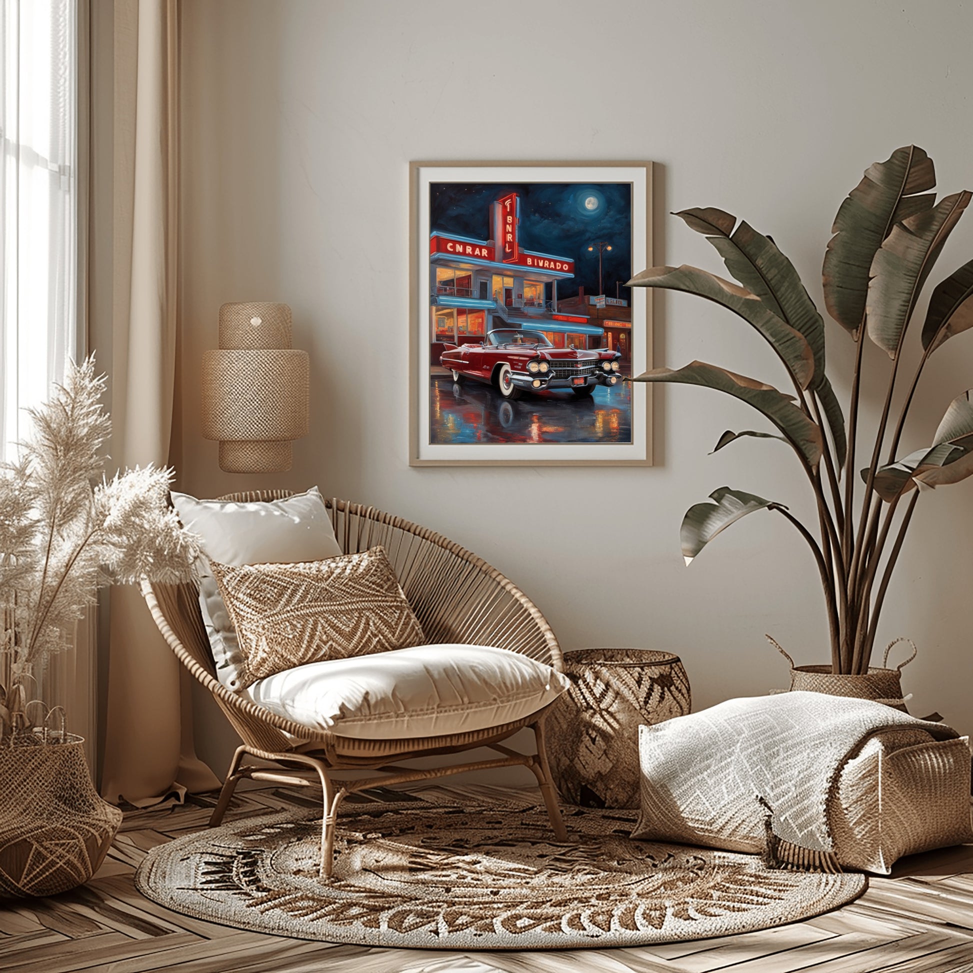 Framed neon night diner artwork by AquilVision hanging in a cozy living room with wicker chair and plants