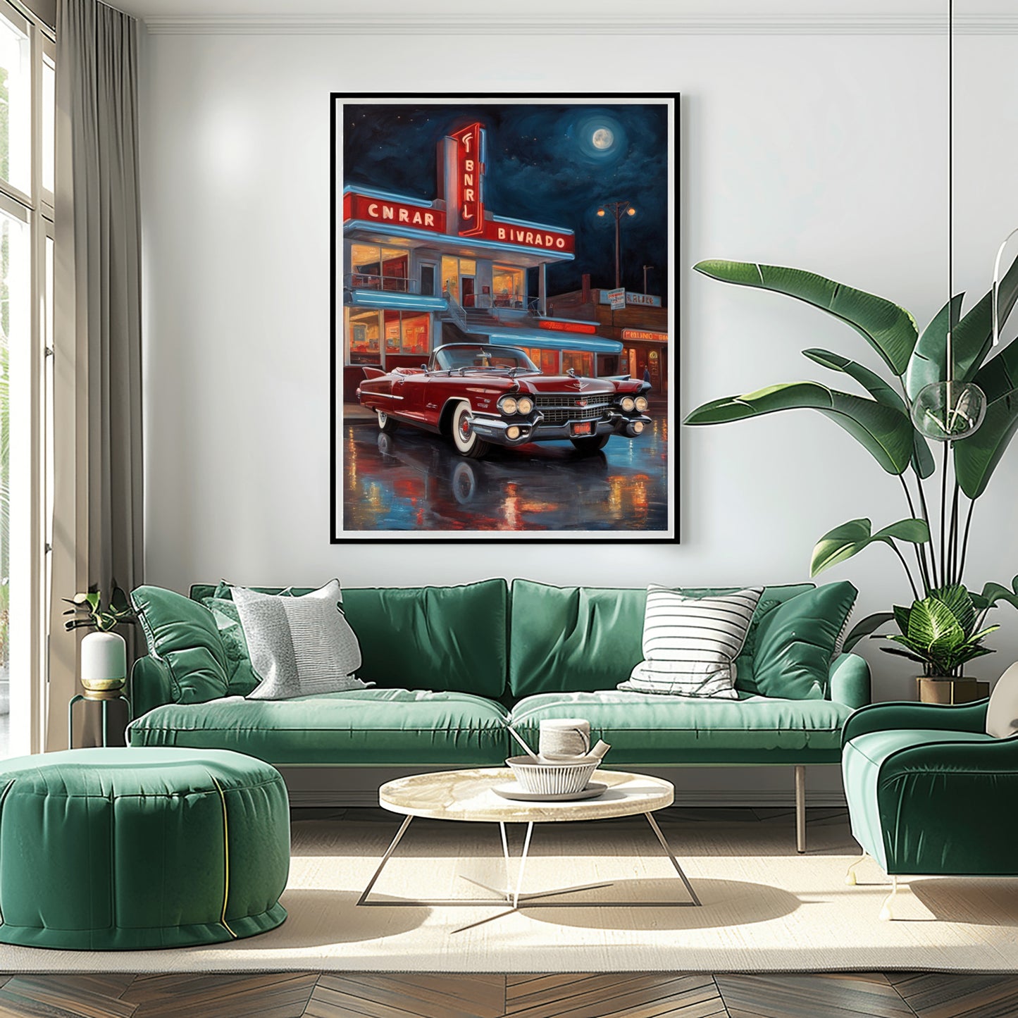 AquilVision digital neon night diner artwork featuring a vintage red car parked outside a retro diner at night