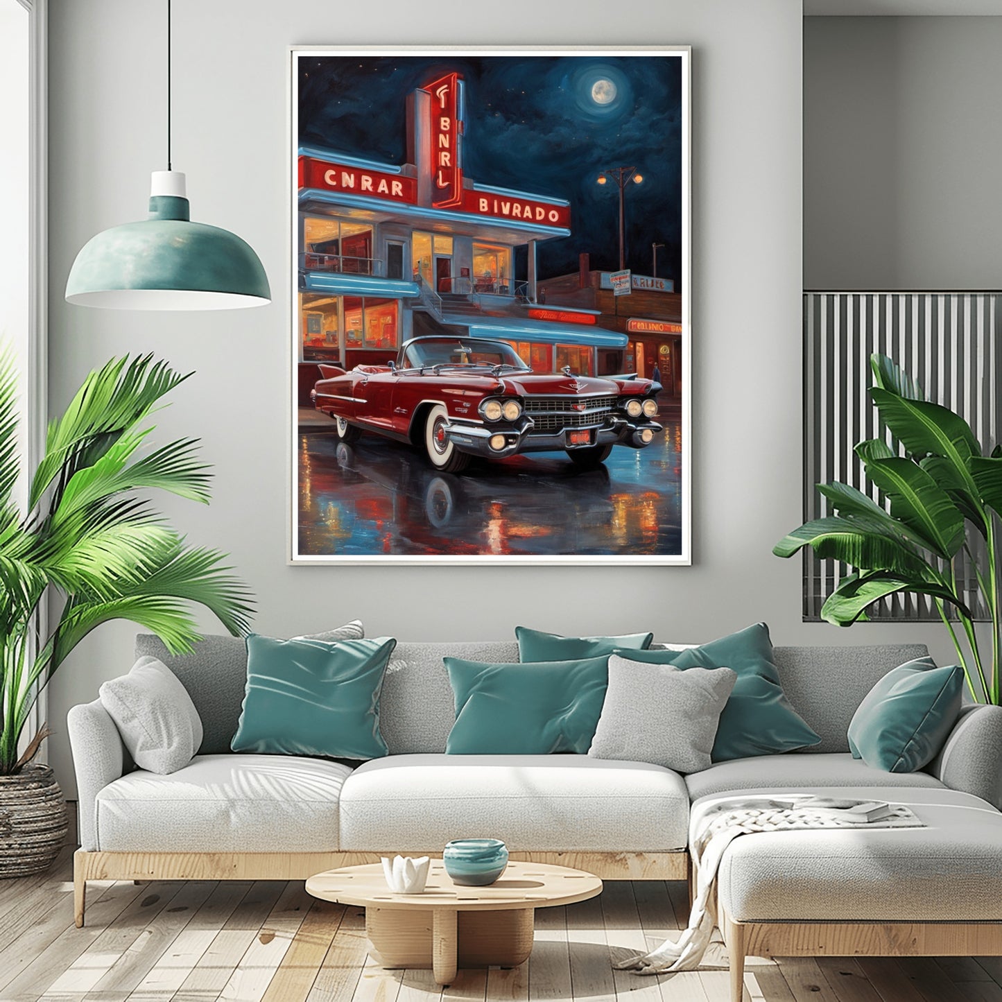 Neon night diner artwork featuring a vintage red car parked outside a retro diner under a moonlit sky