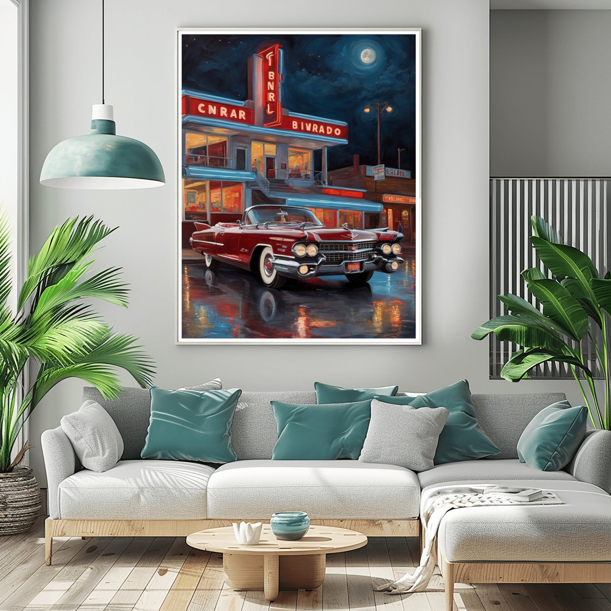 Neon night diner artwork featuring a vintage red car parked outside a retro diner under a moonlit sky