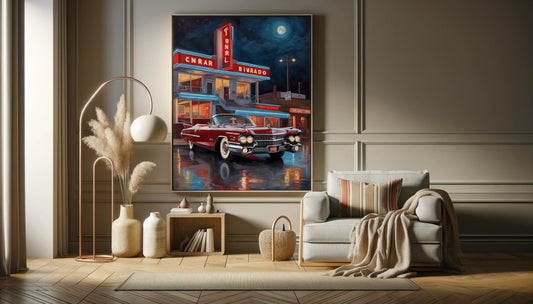 Neon night diner artwork by AquilVision featuring a vintage car under a glowing diner sign at night