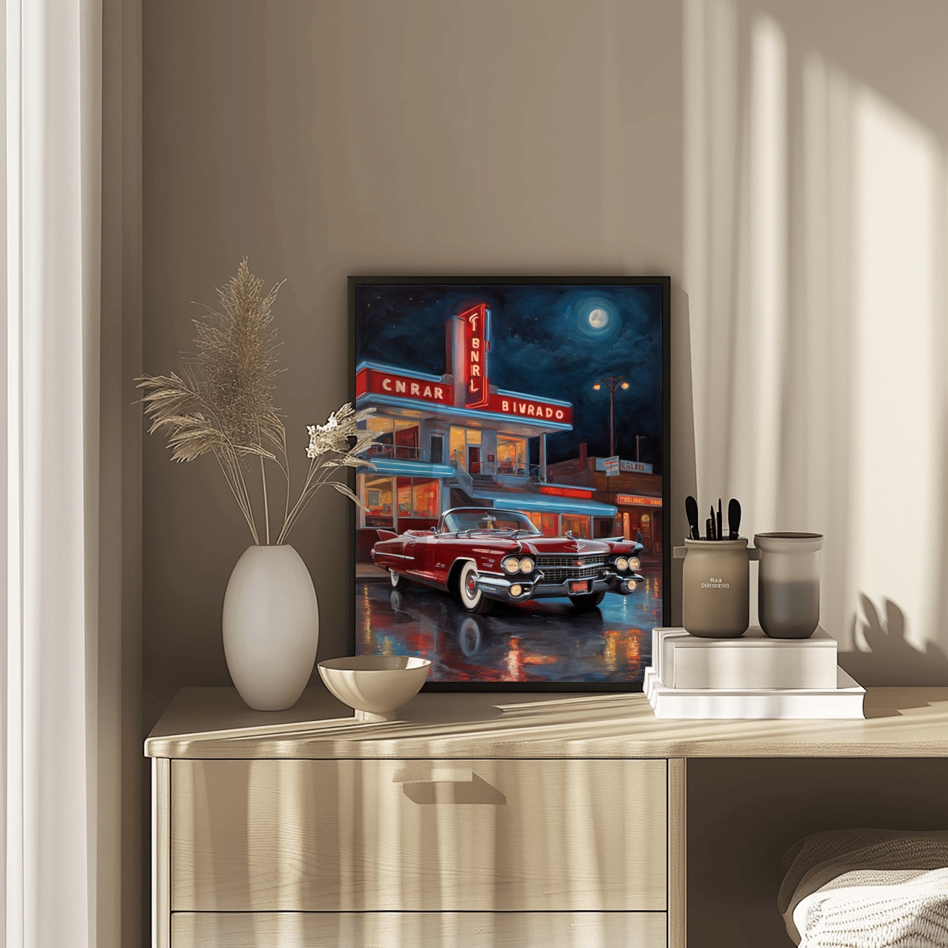 Neon night diner artwork featuring a classic red car in front of a retro diner under a moonlit sky