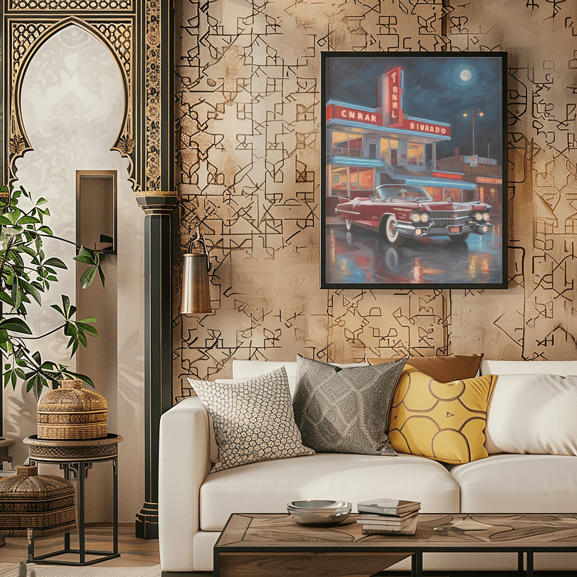 Framed neon night diner artwork featuring a classic car displayed above a white sofa in a stylish living room