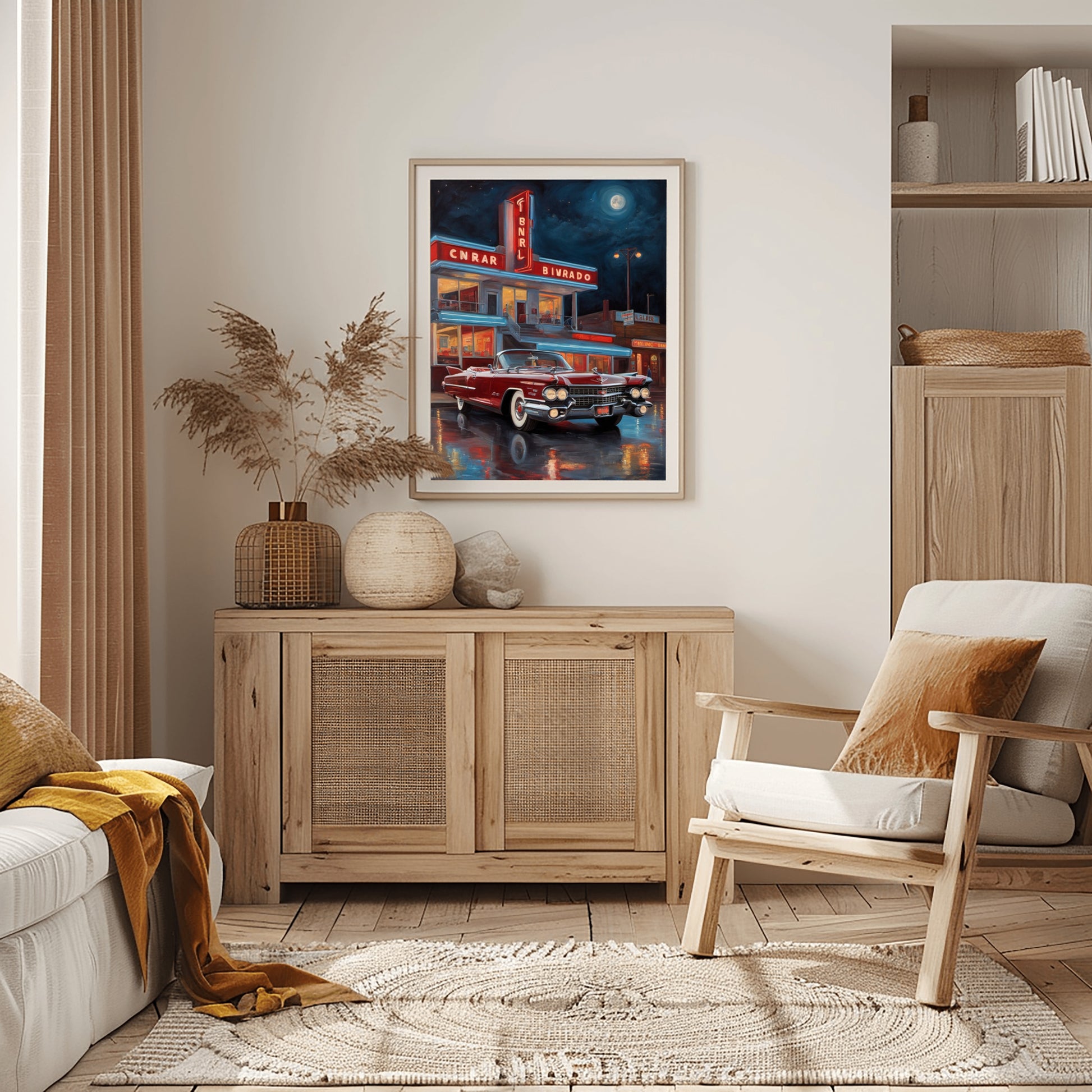 Neon night diner artwork by AquilVision framed on wall above wooden cabinet in modern cozy living room