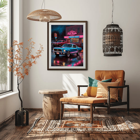 Neon nights urban car print digital artwork by AquilVision displayed in modern living room