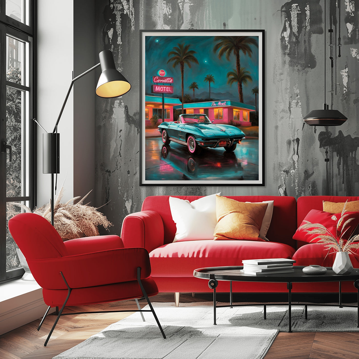 AquilVision digital print neon night scene wall art in modern living room above red sofa showing retro car and motel