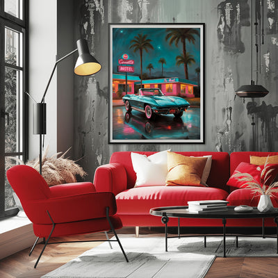 AquilVision digital print neon night scene wall art in modern living room above red sofa showing retro car and motel