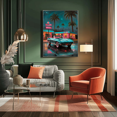 AquilVision digital neon night scene wall art framed above a stylish living room sofa with teal vintage car and motel sign