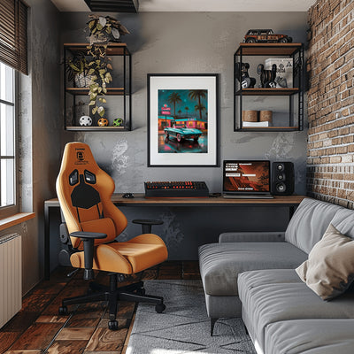 AquilVision neon night scene wall art framed above desk in modern gaming room with orange chair and sofa