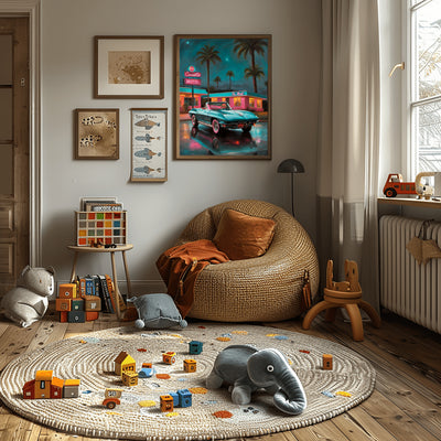 AquilVision digital print neon night scene wall art above rattan beanbag in a cozy kids room