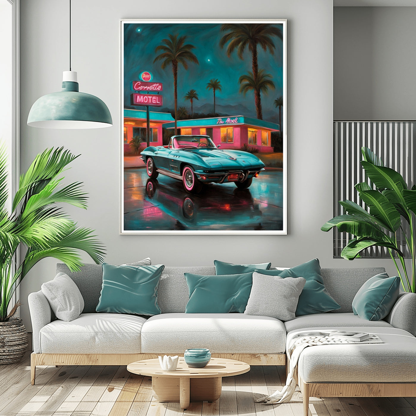 AquilVision digital neon night scene wall art of a retro turquoise Corvette parked on a wet motel street under palm trees