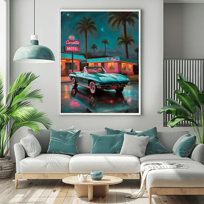AquilVision digital neon night scene wall art of a retro turquoise Corvette parked on a wet motel street under palm trees