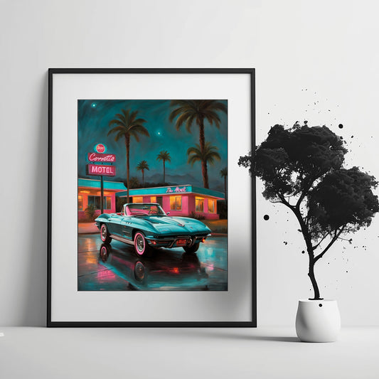 AquilVision digital neon night scene wall art showing a teal vintage convertible by a palm motel