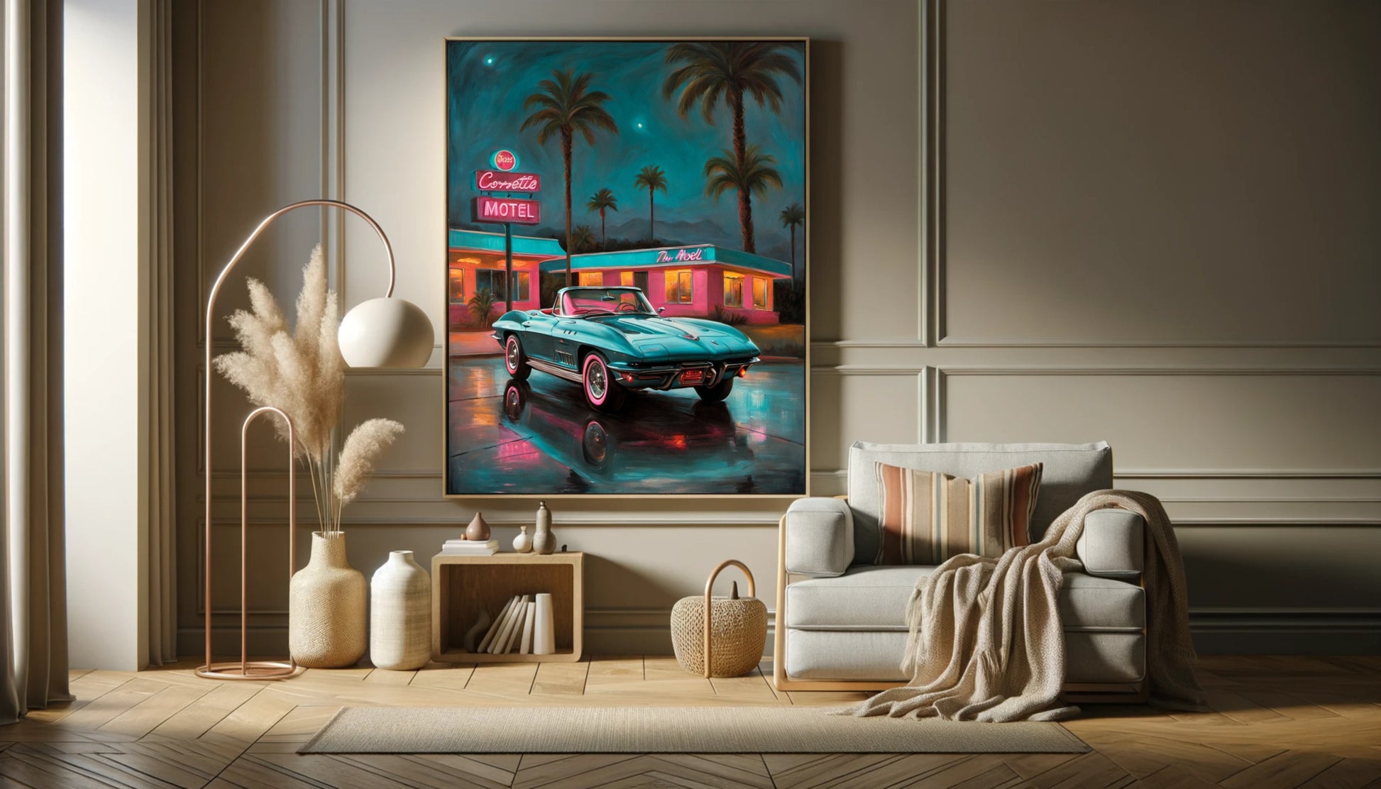 AquilVision digital neon night scene wall art of retro convertible by neon motel and palm trees for living room decor