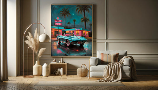 AquilVision digital neon night scene wall art of retro convertible by neon motel and palm trees for living room decor