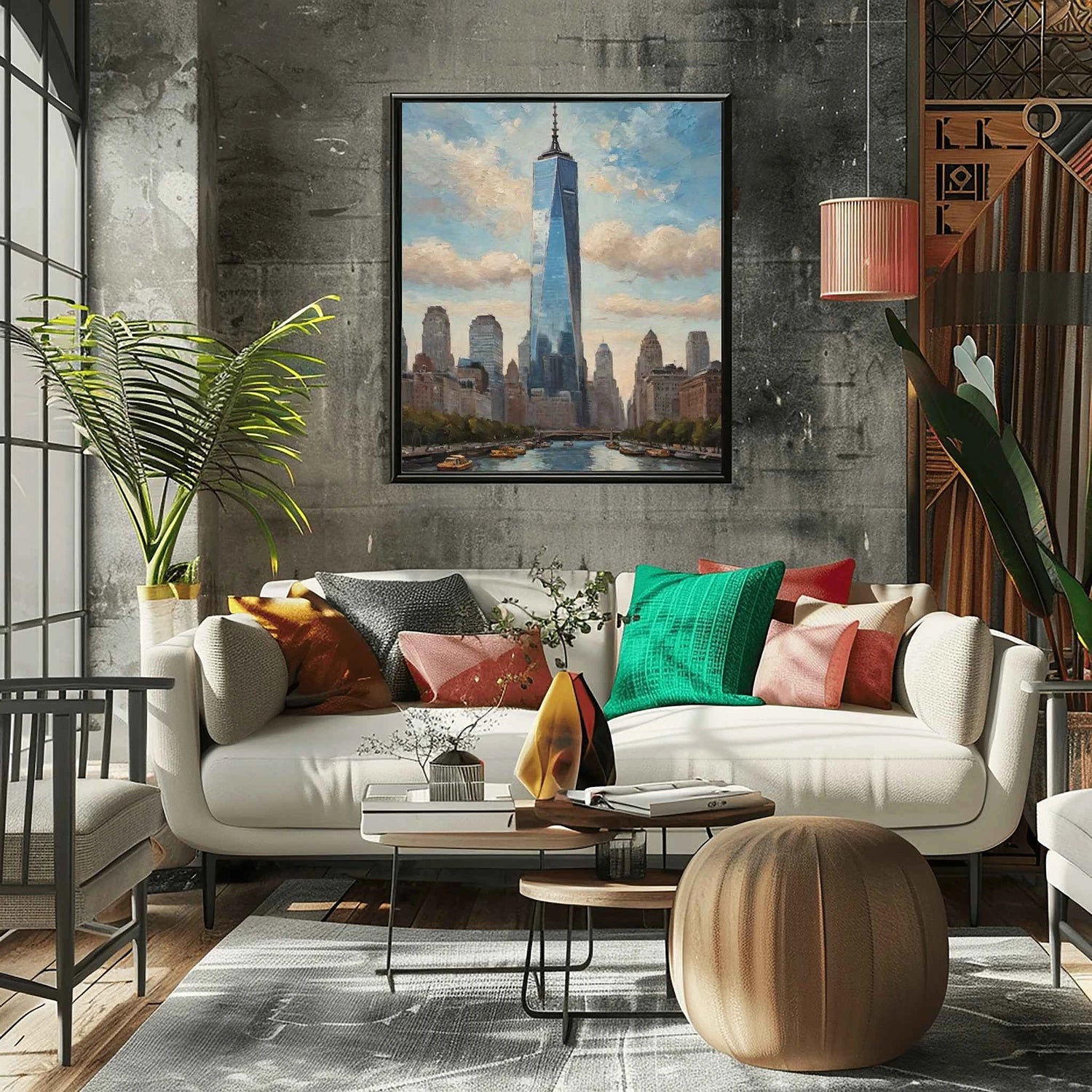 One World Skyline: Modern NYC Architecture & Hudson River Oil Painting