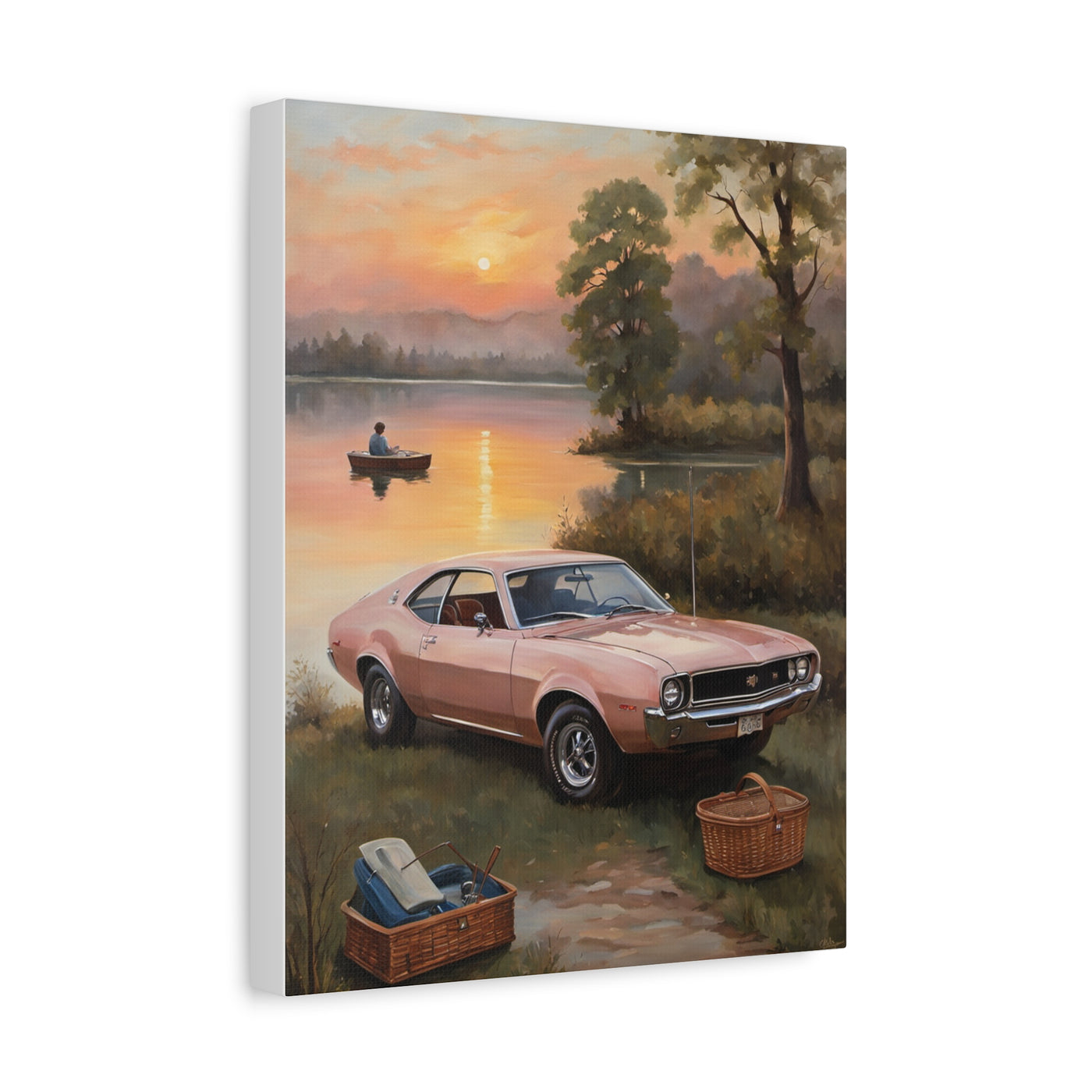 Nostalgic 68s Car Artwork featuring a vintage car by a lake at sunset