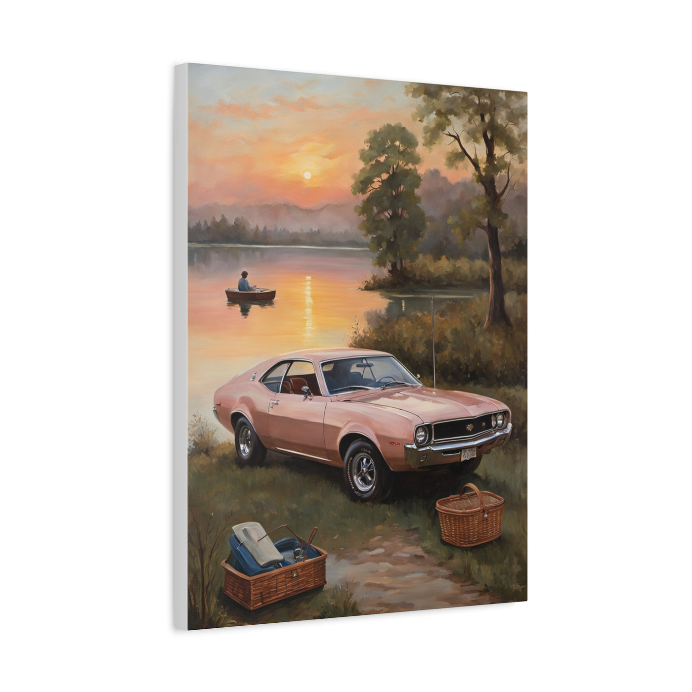 Nostalgic 68s Car Artwork featuring a classic car by a tranquil lakeside at sunset