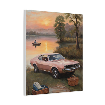 Nostalgic 68s Car Artwork featuring a vintage car beside a calm lake at sunset