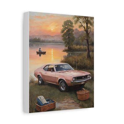 Nostalgic 68s Car Artwork featuring a pink vintage car by a lake at sunset
