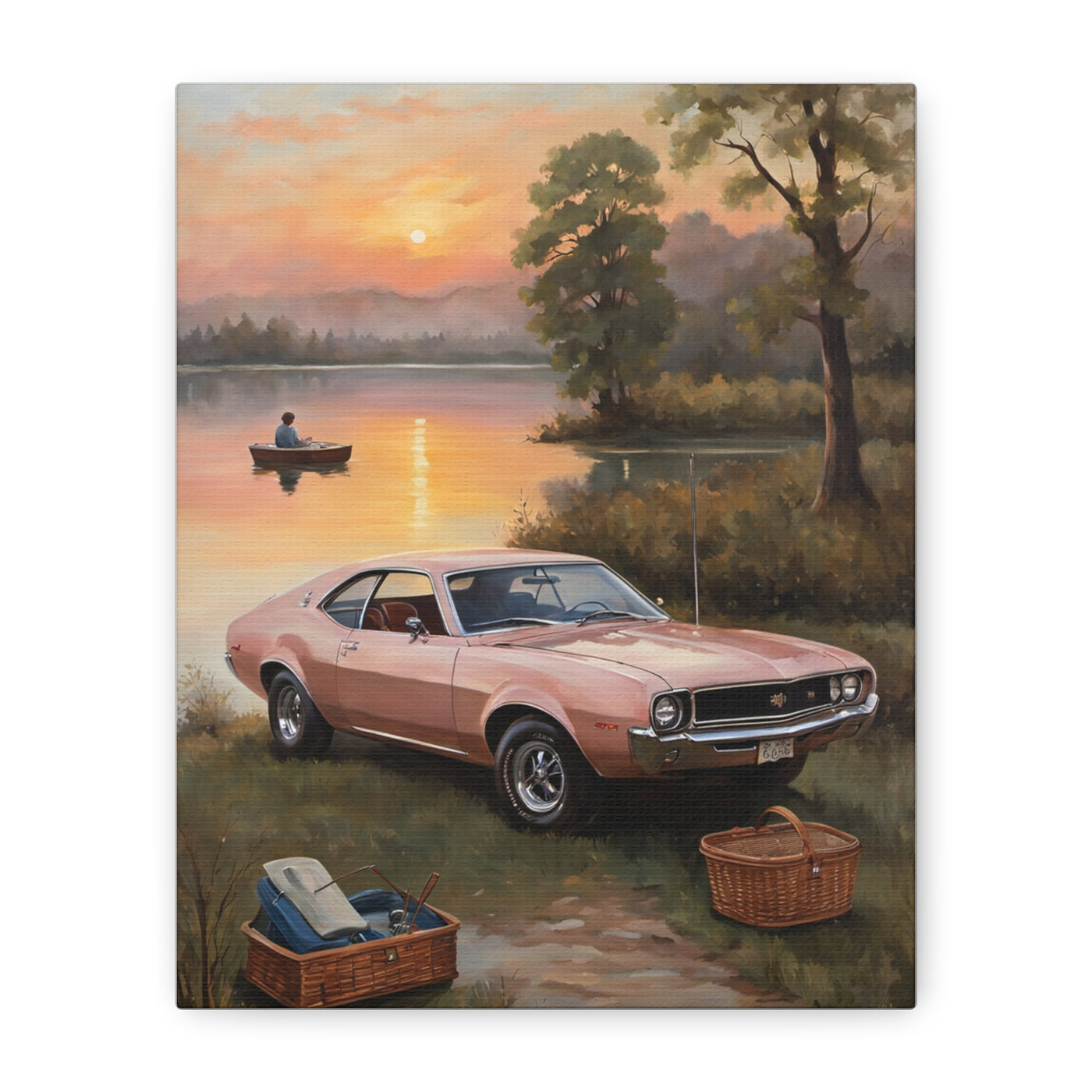 Nostalgic 68s Car Artwork featuring a pink retro car by a serene lake at sunset
