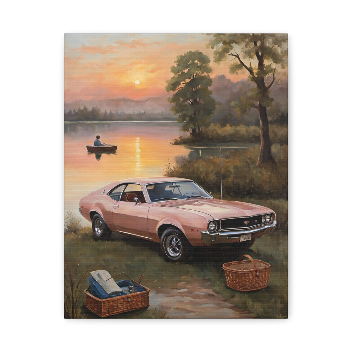 Nostalgic 68s Car Artwork featuring a classic pink car by a serene lake at sunset