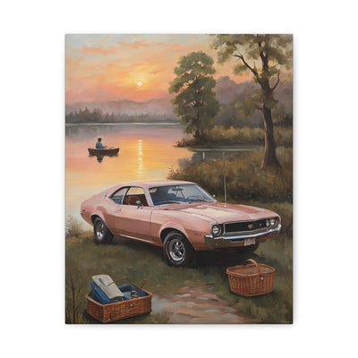 Nostalgic 68s Car Artwork featuring a classic pink car by a serene lake at sunset