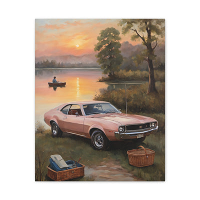 Nostalgic 68s Car Artwork featuring a pink classic car by a tranquil lake at sunset