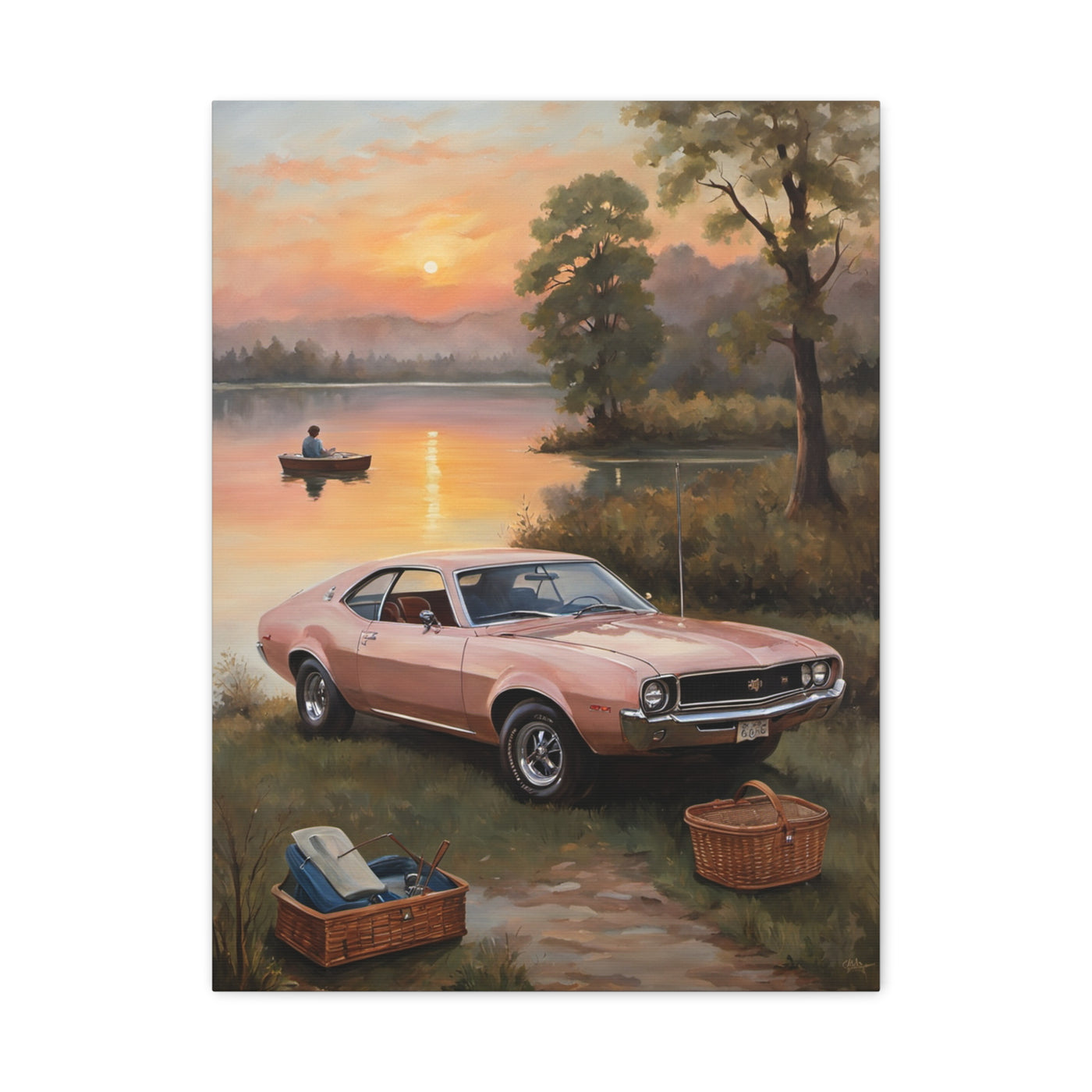 Nostalgic 68s Car Artwork featuring a vintage car by a lake at sunset with picnic baskets