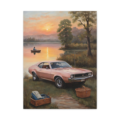 Nostalgic 68s Car Artwork featuring a vintage car by a lake at sunset with picnic baskets