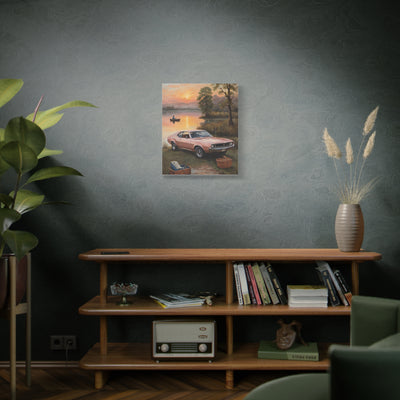 Nostalgic 68s Car Artwork displayed on a wall in a cozy living room setting