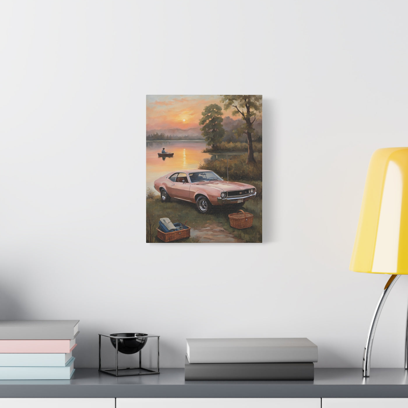 Nostalgic 68s Car Artwork featuring a vintage car by the lake at sunset