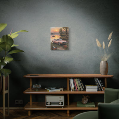 Nostalgic 68s Car Artwork displayed on a wooden shelf in a cozy living room setting