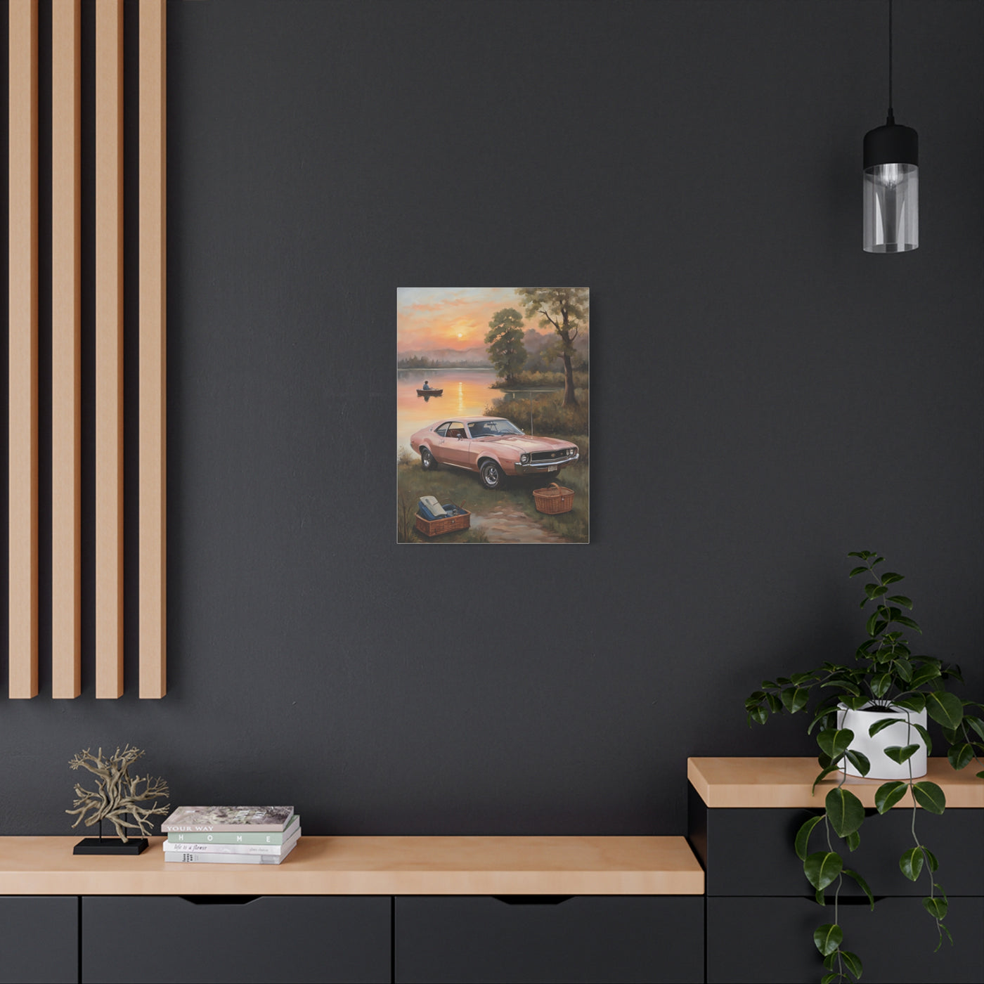 Nostalgic 68s Car Artwork displayed on a black wall above a wooden shelf