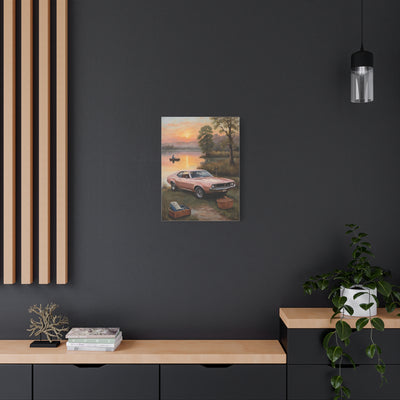 Nostalgic 68s Car Artwork displayed on a black wall above a wooden shelf