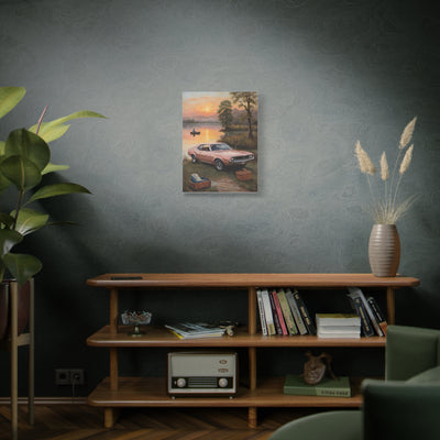Nostalgic 68s Car Artwork displayed on a modern wall with plants and a shelf in the background