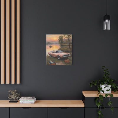 Nostalgic 68s Car Artwork displayed in a modern living room with natural wood accents