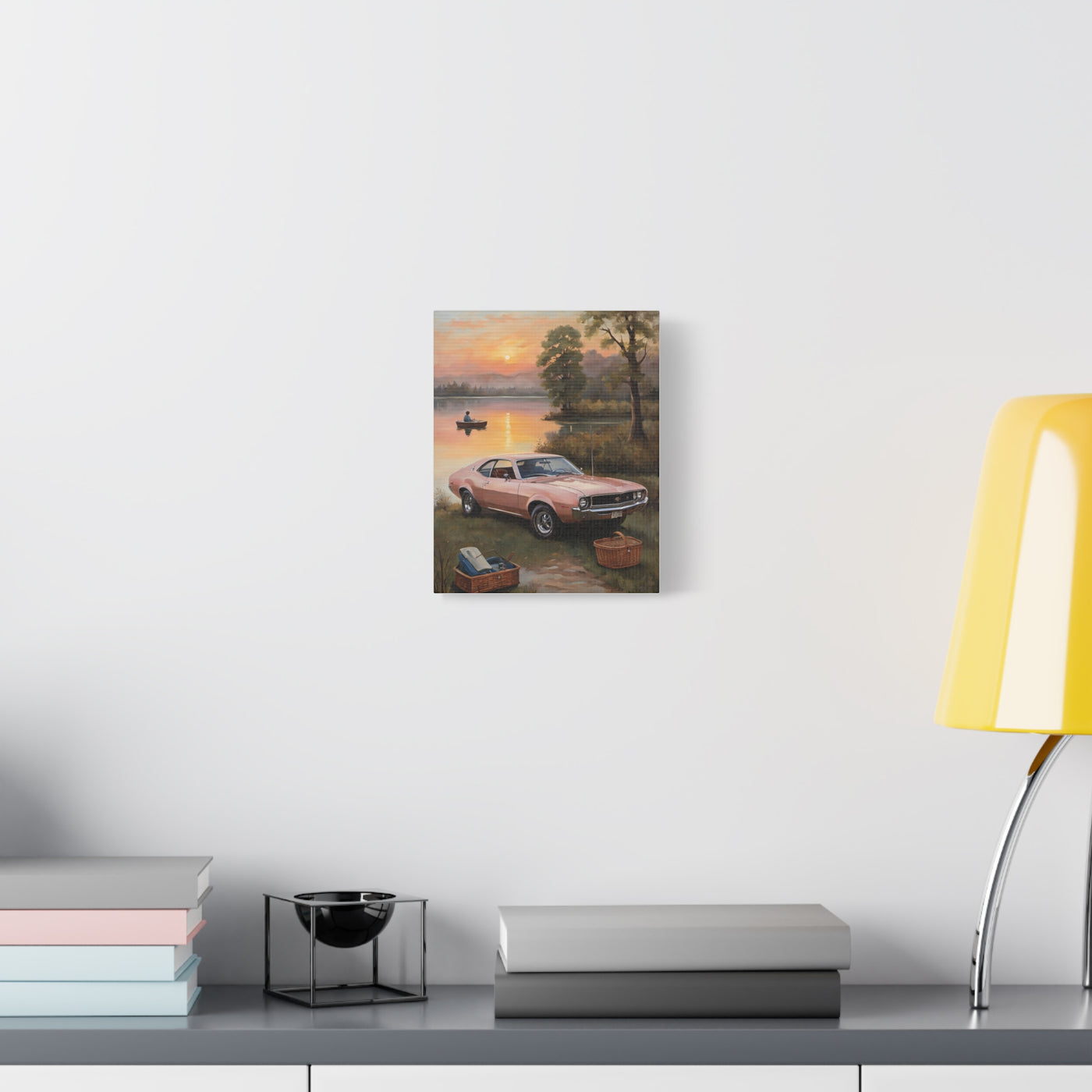 Nostalgic 68s Car Artwork featuring a classic car by the water with sunset scenery