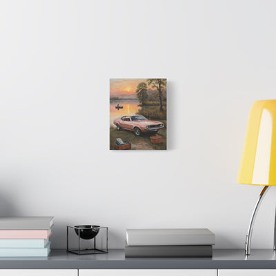 Nostalgic 68s Car Artwork featuring a classic car by the water with sunset scenery