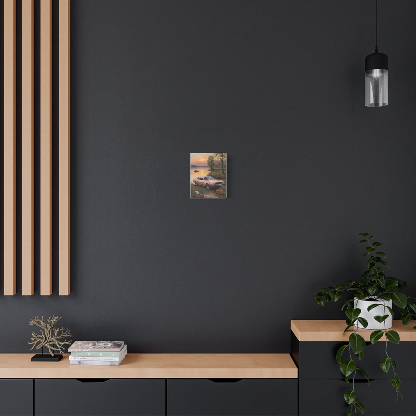 Nostalgic 68s Car Artwork displayed on a modern black wall above a wooden console table