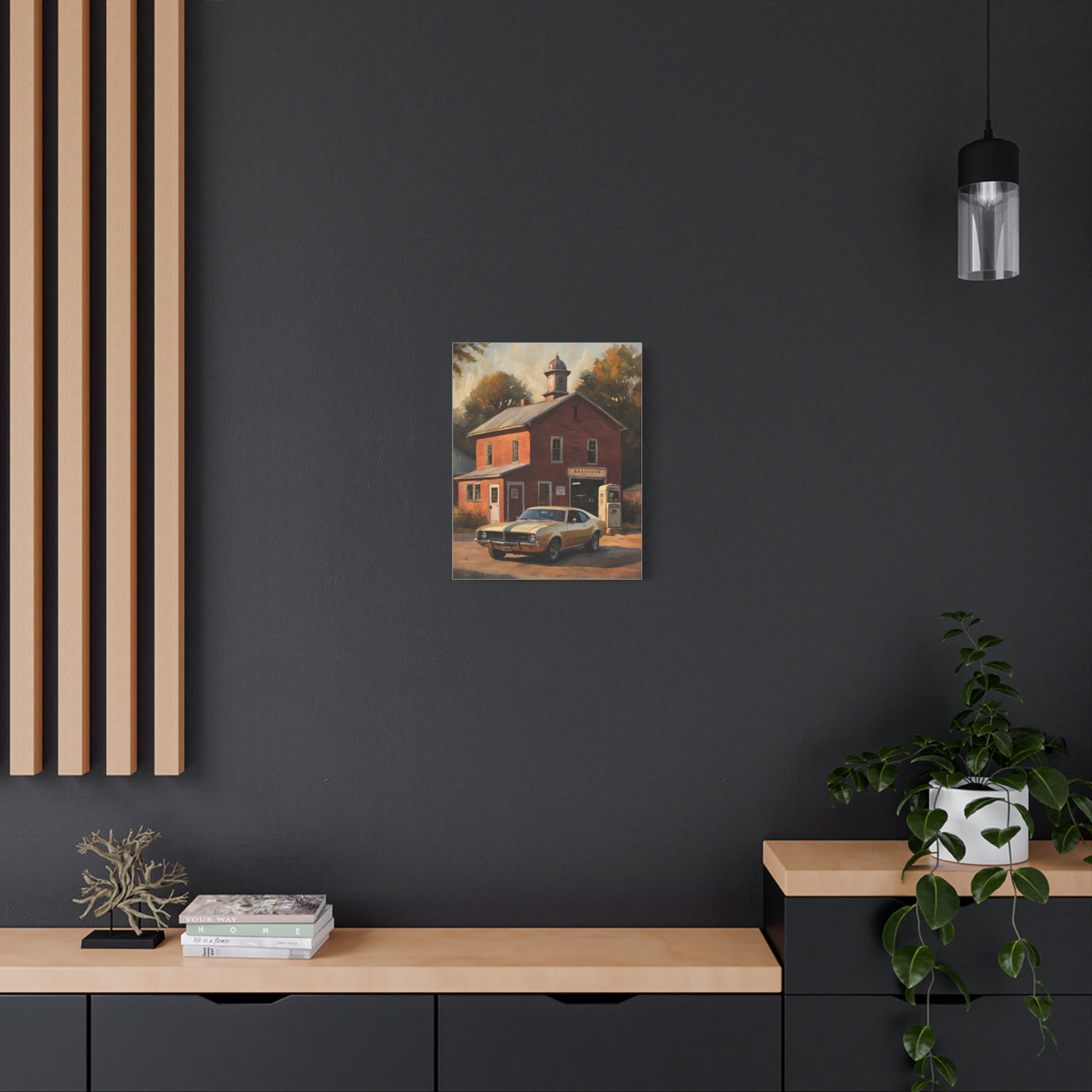 Nostalgic 68s Car Canvas featuring a vintage car in front of a rustic building on a stylish wall