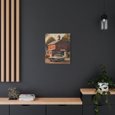 Nostalgic 68s Car Canvas displayed on a modern wall with rustic decor elements