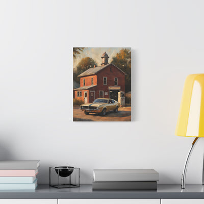 Nostalgic 68s Car Canvas featuring a vintage car parked near a classic red gas station