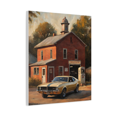 Nostalgic 68s Car Canvas featuring a classic yellow car at a vintage gas station