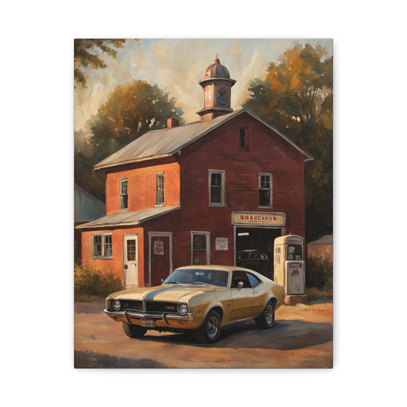 Nostalgic 68s Car Canvas featuring a vintage car in front of a classic gas station