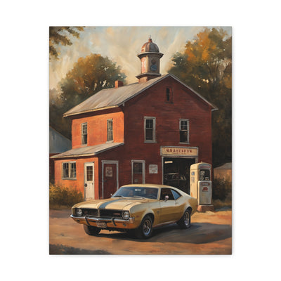 Nostalgic 68s Car Canvas featuring a classic car in front of a vintage gas station and rustic building